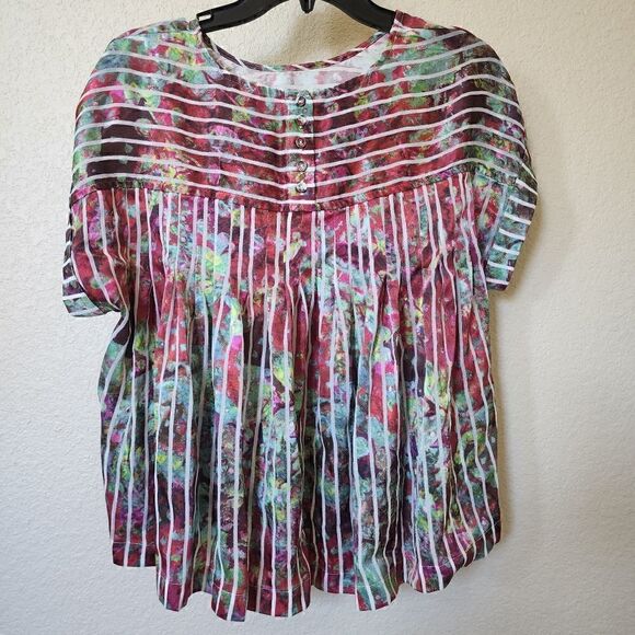 Soft Surroundings Red & Green Abstract Print Striped Short Sleeve Blouse S - Picture 2 of 4